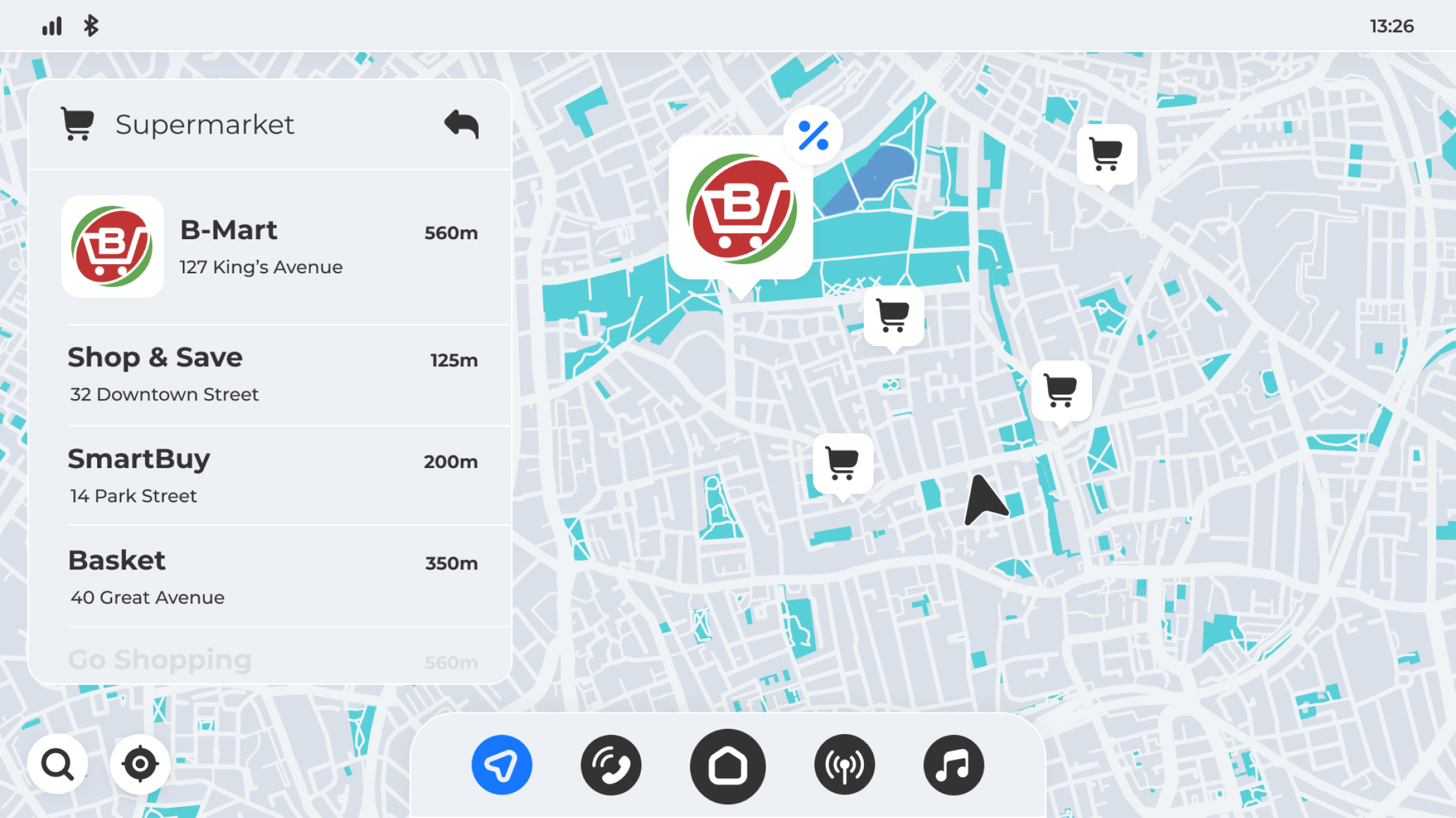 http://A%20navigation%20interface%20lists%20supermarkets,%20with%20B-Mart%20highlighted,%20offering%20drivers%20smart%20store%20selection%20via%204screen.